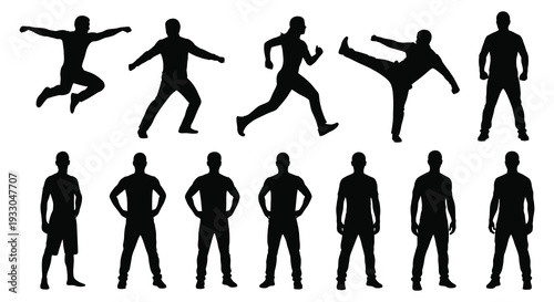 Silhouettes of people in various dynamic and static poses against a white background