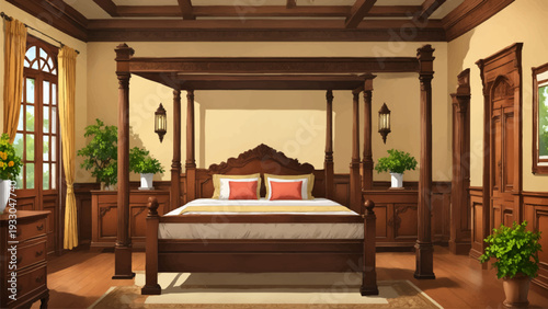 Elegant classic bedroom interior with wooden four poster bed and vintage furniture in cozy room