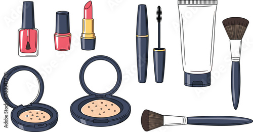 Cosmetics and Makeup Set with Red Nail Polish, Pink Lipstick, Mascara, Face Powder, Foundation Tube, and Professional Beauty Brushes.
