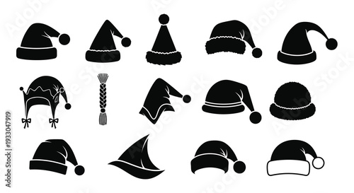 Collection of various black silhouette winter hats and festive headwear