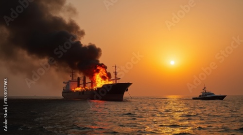 Burning oil tanker ship in the Strait of Hormuz at sunset with thick black smoke rising and military patrol boats nearby
