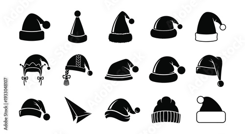 Collection of various black santa hats and winter headwear illustrations