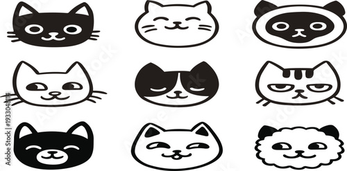 Cute Cat Face Icon Set with Various Expressions, Different Breeds Including Siamese and Fluffy Cats, Black and White Line Art.