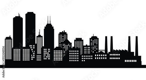 A stark black silhouette of a modern city skyline against a white background