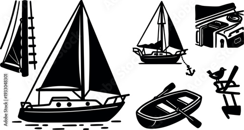 Flat design nautical collage close up sailboat and small rowboat with anchor dock bird and stacked luggage in black silhouette