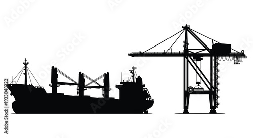 Silhouette of cargo ships and a port crane against a white background