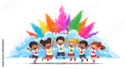 A group of happy children celebrating Holi Festival with colorful paint and rainbow colors in a joyful and lively illustration design