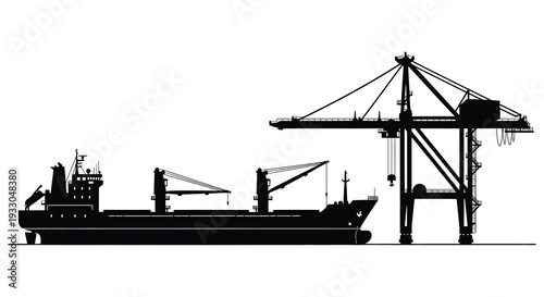 Black silhouette of a cargo ship docked alongside a port gantry crane
