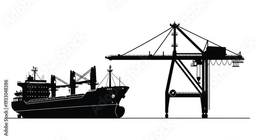 Black silhouette of a cargo ship and port gantry crane against a white background