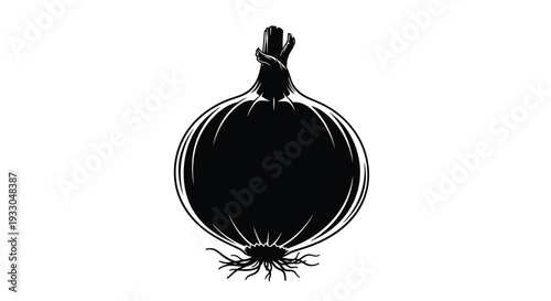 A striking black silhouette of an onion with detailed roots and a stylized stem showcasing a bold design silhouette