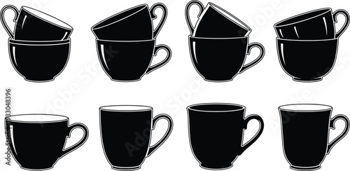 Teacup silhouettes, stacked cups, single cups, vintage design, kitchenware, drinkware, vector illustration, black figures, white background, tea coffee set