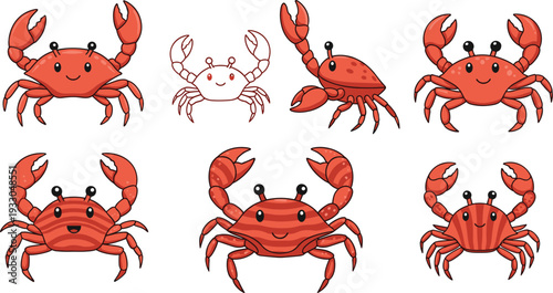 Cute Red Crab Character Set with Smiling Faces, Striped Shells, Happy Poses, and Line Art Illustration for Marine Life Design.