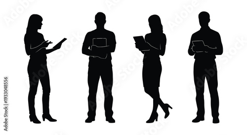 Four silhouettes of people using digital devices representing modern communication
