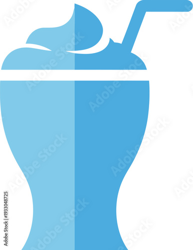 A blue milkshake with whipped cream and straw in a tall glass viewed from the side