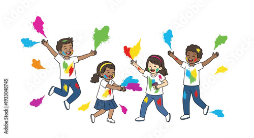 A colorful illustration of diverse kids celebrating Holi Festival with joy, throwing vibrant paint pieces in the air