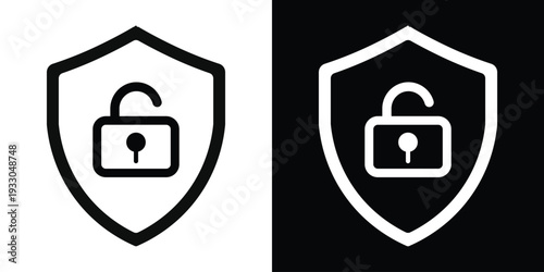Security shield icon featuring an open padlock. Symbol for unprotected data, system vulnerability, open access, or deactivated firewall protection.