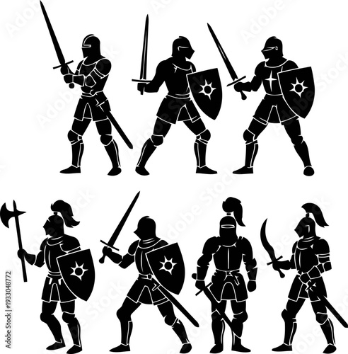 Knight wears full armor and holds a sword in a distinct pose in silhouette vector.
