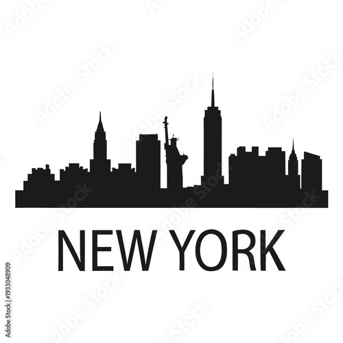 A black silhouette of the new york city skyline with text
