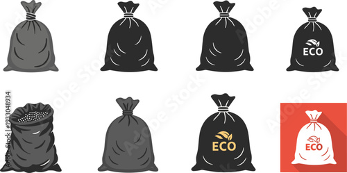 Eco-Friendly Sack and Bag Set Featuring Black Silhouettes, Burlap Textures, and Organic Eco Logos Isolated on White Background.