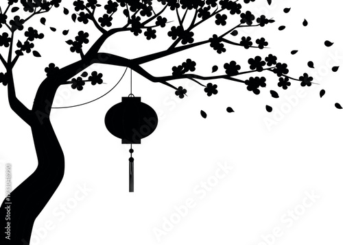 A solitary tree with a hanging lantern amidst falling leaves in a minimalist design