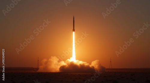 Single ballistic missile launching vertically from desert military base at dusk leaving a thick bright orange fire trail against deep amber gradient sky