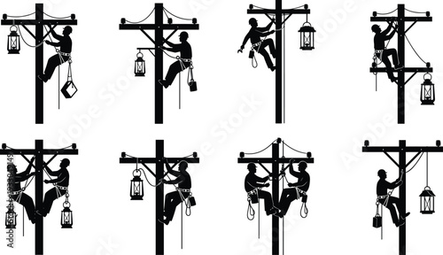 Utility worker silhouettes, climbing poles, safety harness, lantern installation, electrical maintenance, teamwork, vector illustration, black figures, white background, industrial labor
