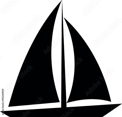 A sleek black and white sailboat gliding on calm waters under a clear skyv