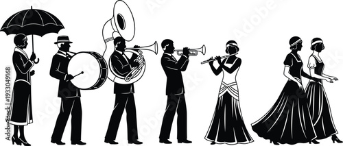 Vintage parade silhouettes, musicians, instruments, umbrella, elegant dresses, jazz procession, early 20th century, vector illustration, black figures, white background