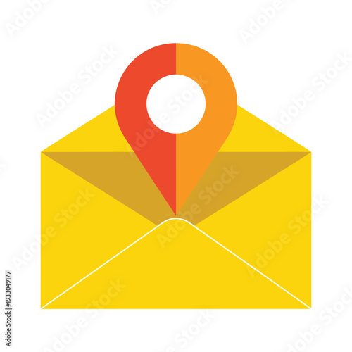 Yellow envelope with a red and orange gradient location pin emerging from the center symbolizing communication and geolocation concepts