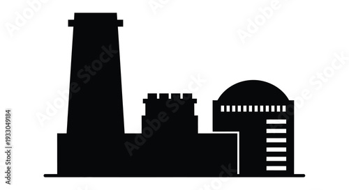 A stark black silhouette depicts a nuclear power plant with its iconic cooling tower and containment building silhouette