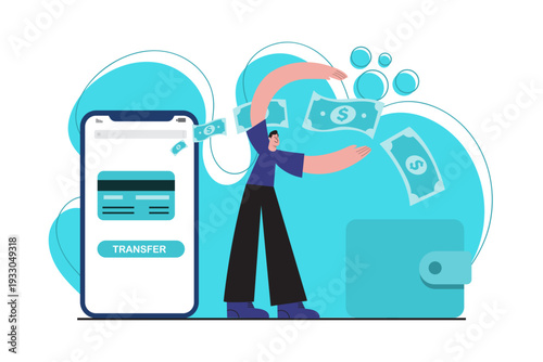 Flat vector illustration of a man transferring money using a smartphone banking application. Concept of online money transfer, digital wallet, electronic banking, and cashless financial transaction.