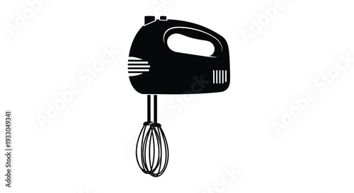 A stark black graphic depicts a modern hand mixer showcasing its design and functionality in silhouette high quality professional