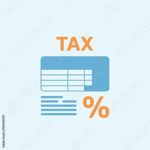 Tax concept with bold orange text and blue calculator icon percentage symbol on light background