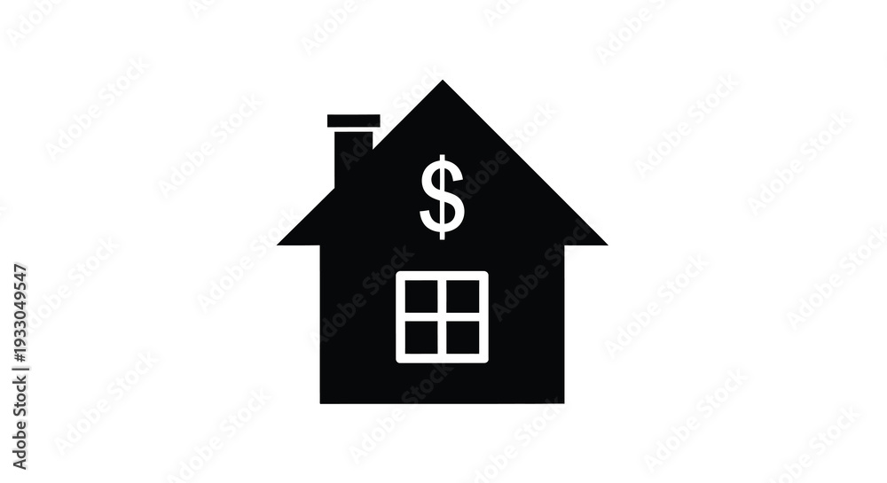 Fototapeta premium A stark black silhouette of a house with a dollar sign prominently displayed symbolizing property value and finance silhouette