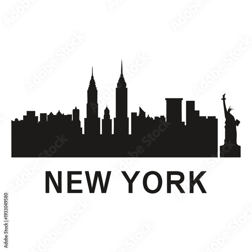 A black silhouette of the new york city skyline with landmarks