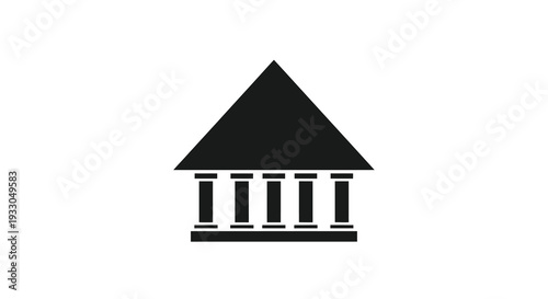 A stark black geometric representation of a classical building facade defined by sharp angles and a bold silhouette