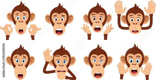 Funny Monkey Character Set with Surprised Expressions, Confused Poses, Shouting Faces, and Hand Gestures Vector Illustration.