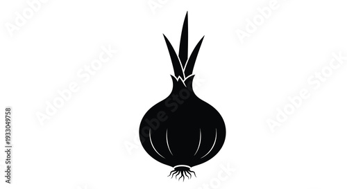 A striking black silhouette of an onion with delicate root details and stylized green foliage silhouette high quality professional