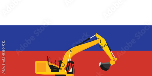 Russian flag and excavator background. Mining and industry