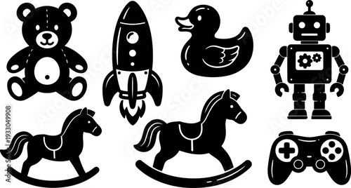 Flat design black toy icon set with teddy rocket rubber duck robot rocking horse and game controller in vector silhouette