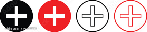 Plus Sign Icon Set in Circle – Add Button Symbols in Black and Red, Solid and Outline Style UI Elements Isolated on White Background Vector Illustration