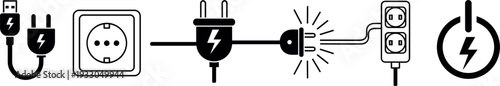 Electric plug and socket icons vector set power connection electricity symbols isolated line illustration