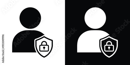 User account security icon showing a profile with a locked shield. Represents protected identity, secure login, personal data privacy, and account safety.