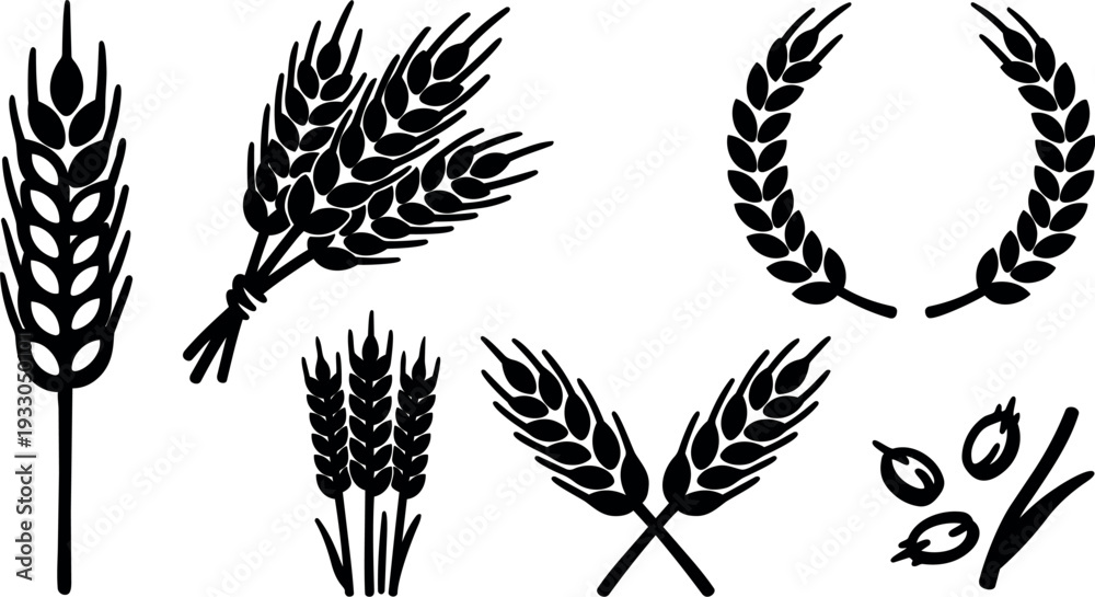 Naklejka premium Minimalist vector wheat icons showing tied sheaf crossed ears laurel wreath single ear and black stalk silhouettes on white background