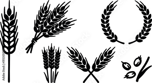 Minimalist vector wheat icons showing tied sheaf crossed ears laurel wreath single ear and black stalk silhouettes on white background