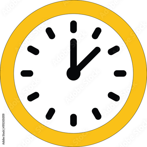 Round yellow rimmed analog clock face showing time with black hands and markers on a white background