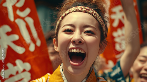 Kochi Yosakoi Festival, Cheerful Yosakoi Performer Shouting with Festival Fans at Kochi Yosakoi Matsuri Japan