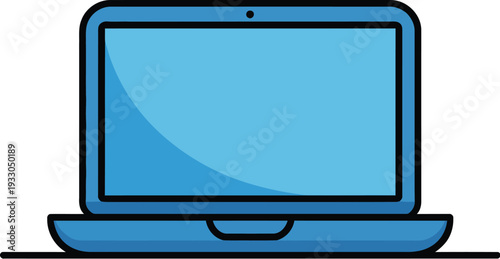 A laptop with a blue screen is viewed from the front in a minimalist style