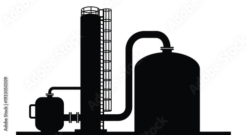 A stark black graphic depicts an industrial refinery complex with towering structures showcasing a bold silhouette high quality professional