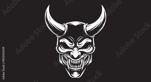 White Oni Mask with Horns Illustration.